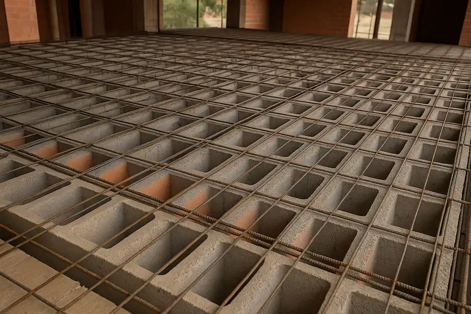 Forjado de bovedillas con armadura de acero en edificación.