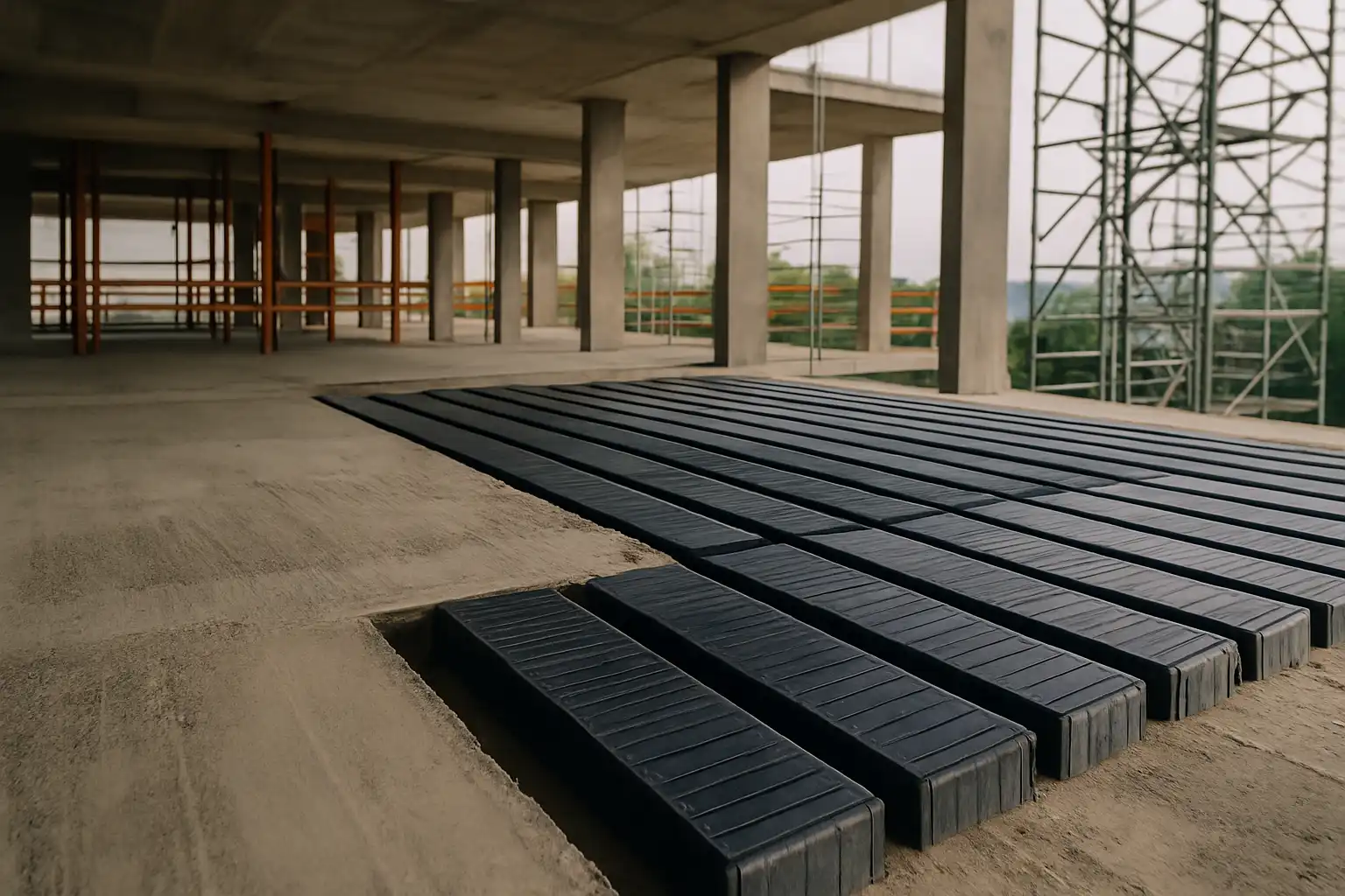 Elementos prefabricados colocados en losa de edificio en construcción.