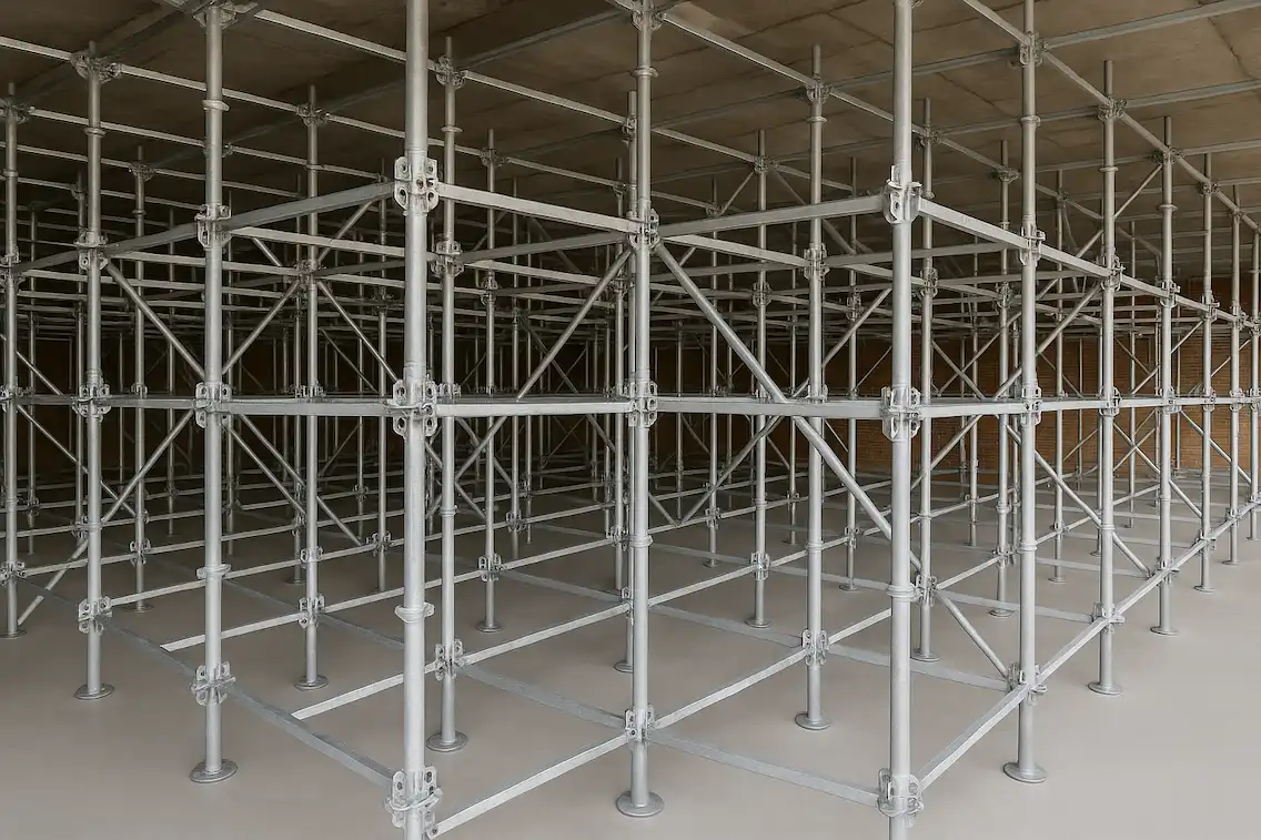 Andamiaje metálico modular bajo losa en construcción.