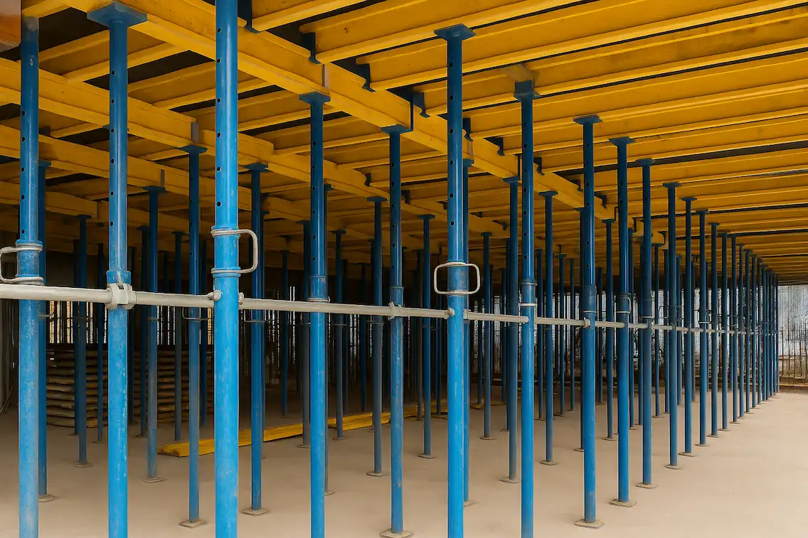 Cimbrado con puntales azules y vigas amarillas para losa en construcción.